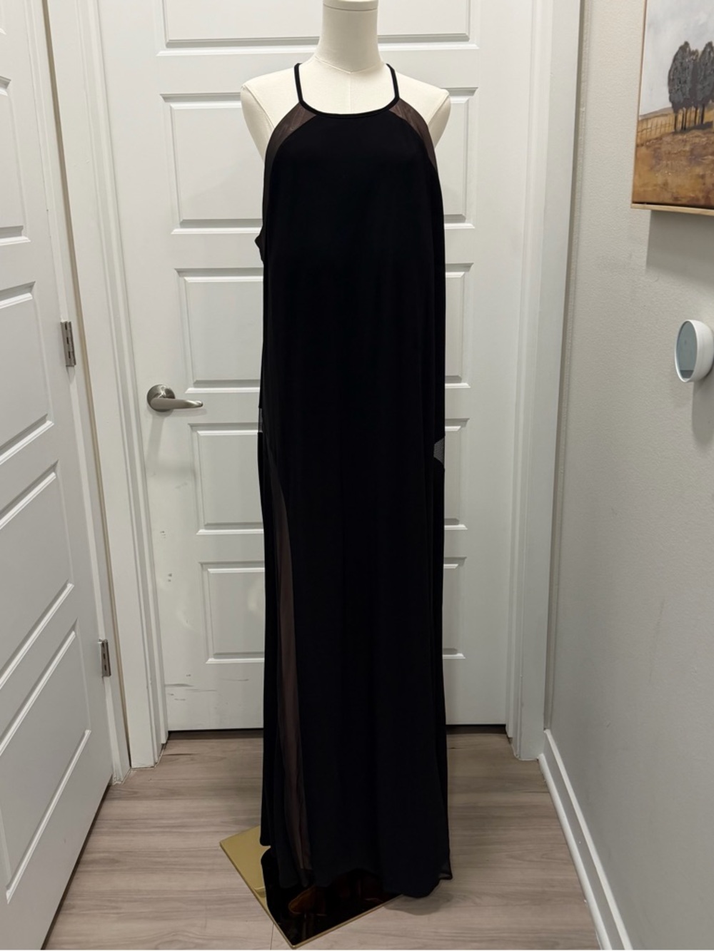 NW Woman Black Maxi Dress - Elegant Long Evening Dress with Side Nude Panel